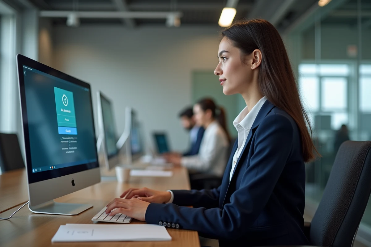 Jeune professionnelle accédant à son espace client LCL particuliers sur ordinateur de bureau dans un espace de travail moderne