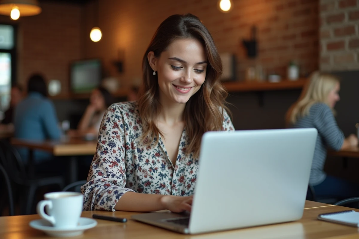 Jeune femme réalisant un achat en ligne via PayPal sur un ordinateur portable dans un café