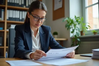 Administratrice scolaire examinant des bulletins de salaire de l'éducation nationale à son bureau
