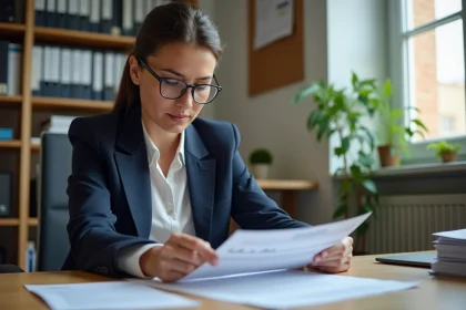 Administratrice scolaire examinant des bulletins de salaire de l'éducation nationale à son bureau