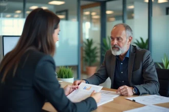 Un homme blessé au travail discute d'alternatives à la rente accident avec une conseillère financière dans un bureau d'assurance