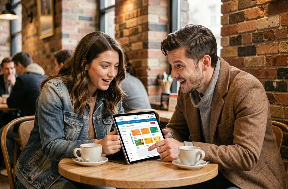 Deux amis dans un café partageant une tablette pour comparer des codes de réduction et des offres cashback sur Egraal