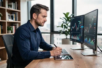 Un homme analysant des graphiques d'investissement numérique sur un ordinateur dans un bureau moderne, illustrant la vérification de la fiabilité d'une plateforme comme Mygreenbucks Net Jones