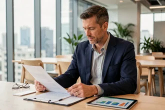 Homme d'affaires analysant des documents sur les SCPI Pinel dans un bureau moderne