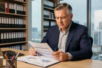 Homme d'affaires analysant un document de valeur de réalisation SCPI dans un bureau professionnel