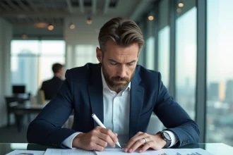 Analyste financier étudiant des graphiques boursiers pour l'action Safran dans un bureau d'entreprise moderne
