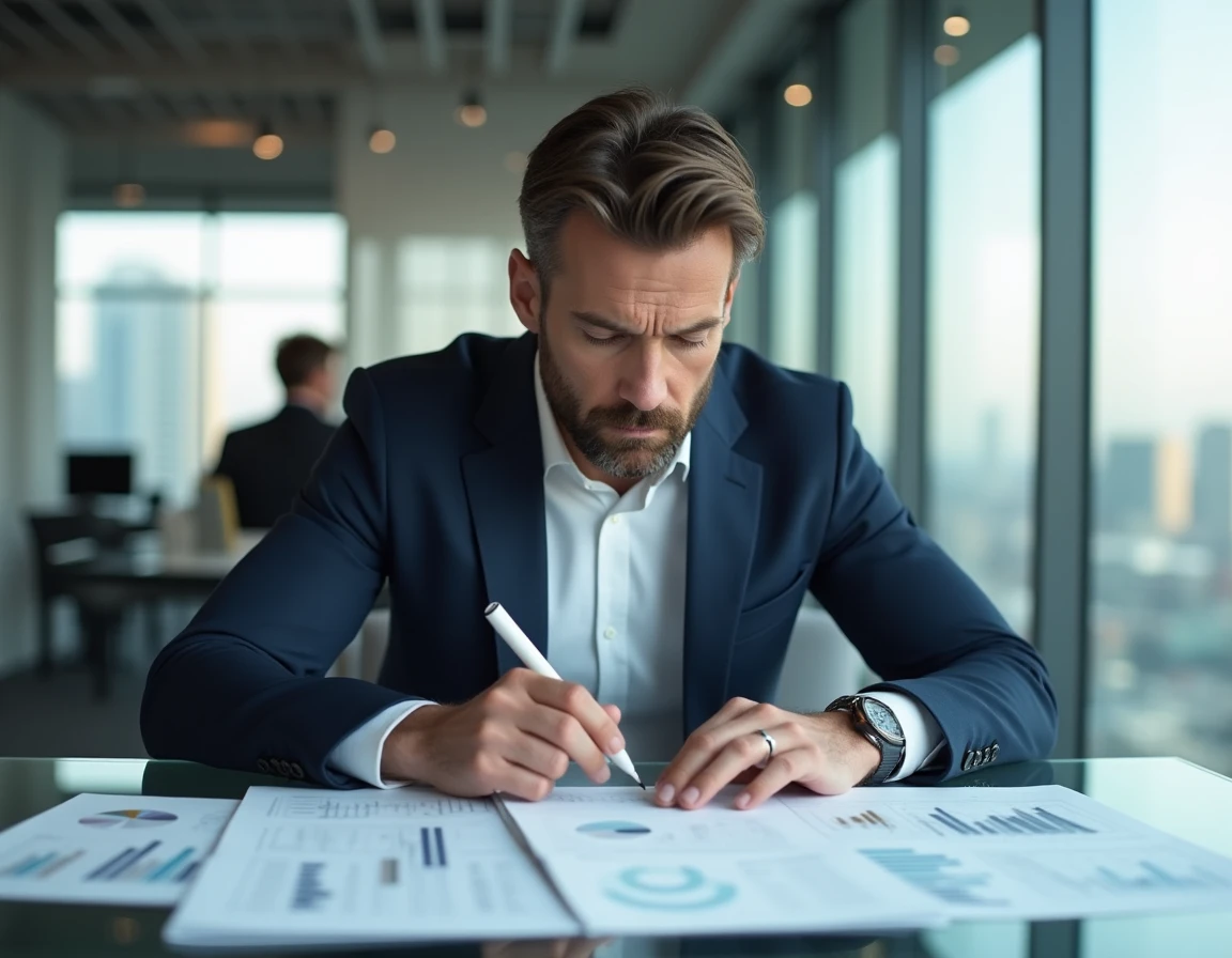Analyste financier étudiant des graphiques boursiers pour l'action Safran dans un bureau d'entreprise moderne