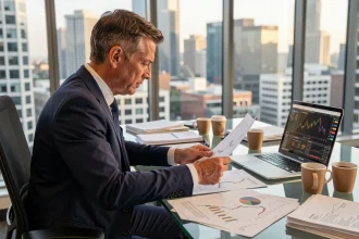 Analyste financier examinant des graphiques boursiers dans un bureau d'entreprise moderne avec vue sur la ville