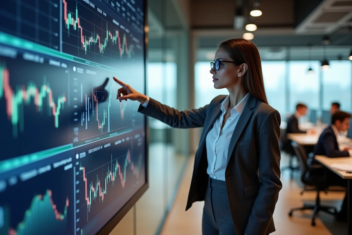 Analyste financière présentant une stratégie de couverture boursière avec des turbos en salle de marchés