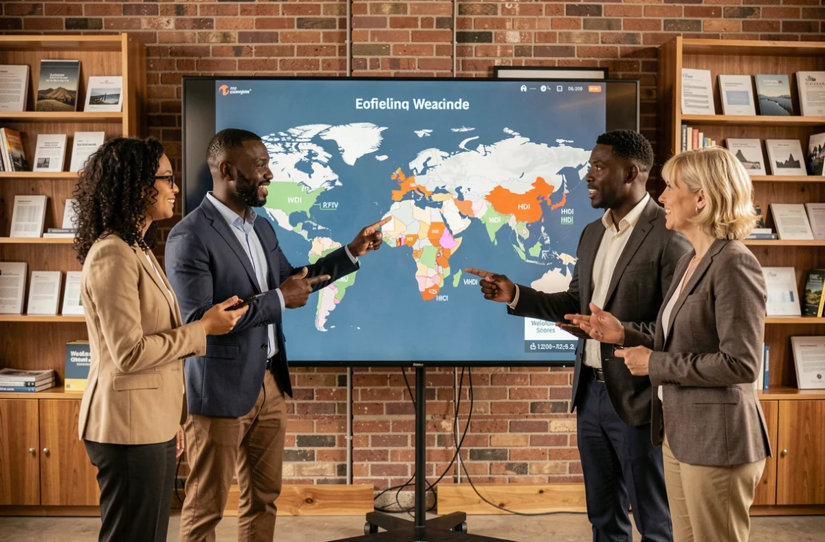 Équipe d'analystes internationaux étudiant une carte mondiale des indices de richesse et indicateurs alternatifs sur un écran interactif