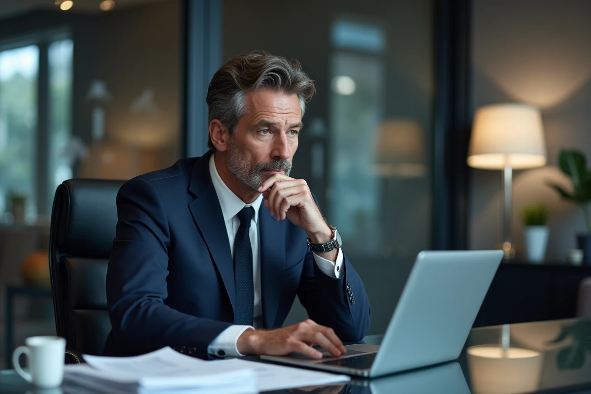 Animateur TV français en costume bleu dans un bureau professionnel