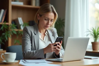 Femme consultant son application bancaire Crédit Agricole sur smartphone pour annuler une opposition après une fausse alerte
