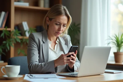 Femme consultant son application bancaire Crédit Agricole sur smartphone pour annuler une opposition après une fausse alerte