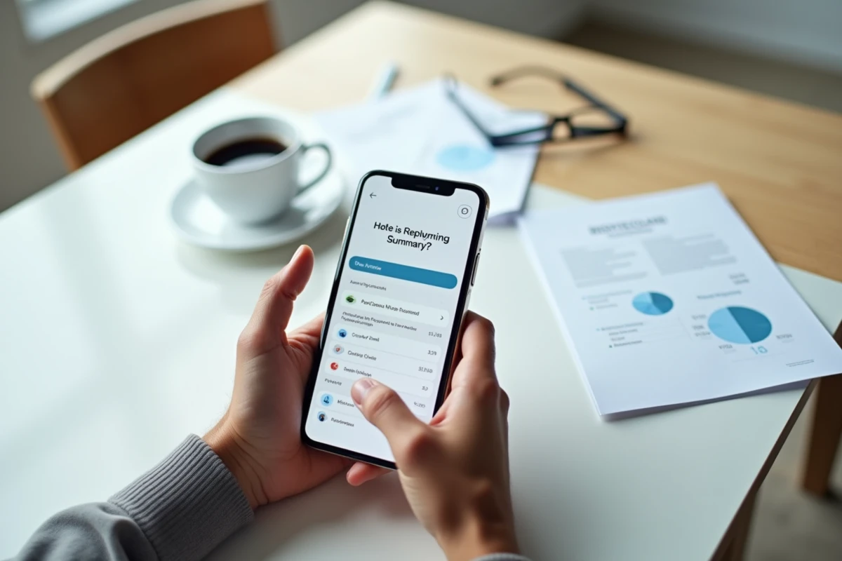 Mains utilisant une application bancaire mobile pour simuler un remboursement anticipé de prêt Flex