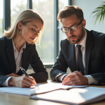 Avocat et client examinant des documents dans un bureau lumineux