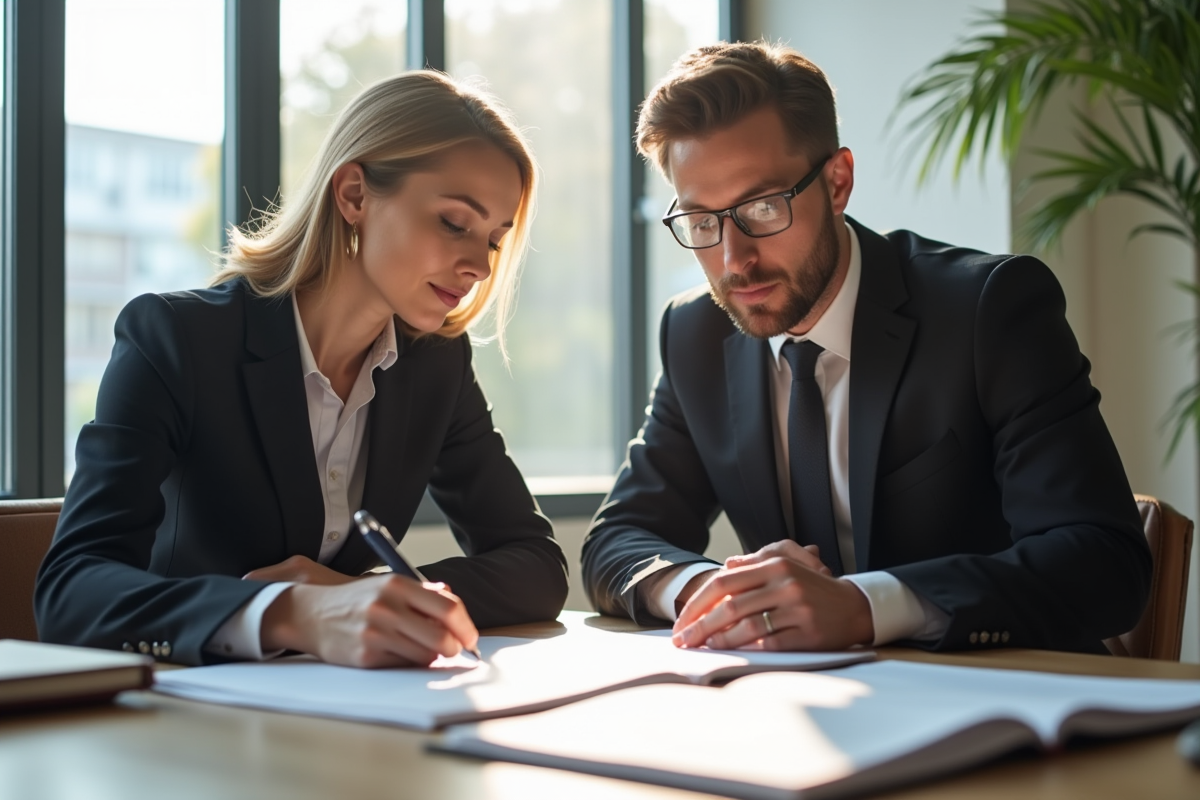 Avocat et client examinant des documents dans un bureau lumineux