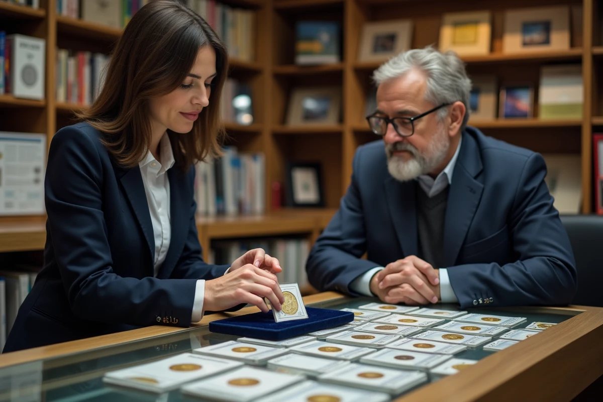 Marchande de monnaies présentant une pièce de 2 euros rare à un client dans une boutique numismatique professionnelle avec vitrine et catalogues