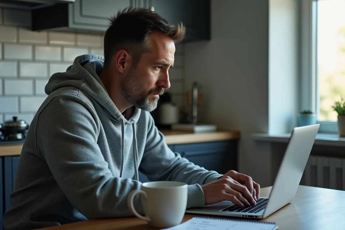 Un homme en sweat gris consulte un calculateur d'allocations chômage sur son ordinateur à la maison, avec des notes manuscrites sur ses revenus