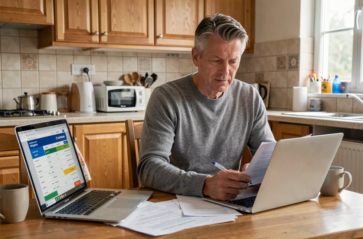 Homme calculant son salaire SMIC sur un ordinateur portable à la maison