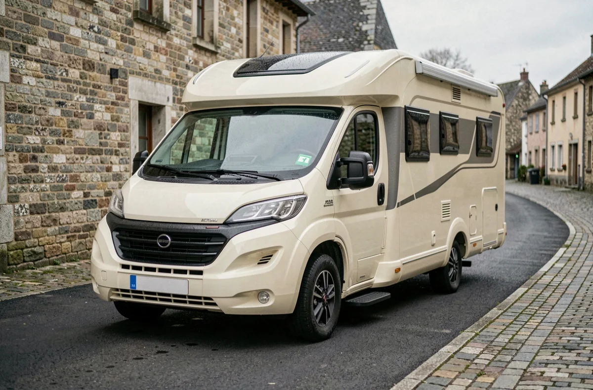 Camping-car stationné sur une aire de service d'un village français avec vignette d'assurance visible sur le pare-brise