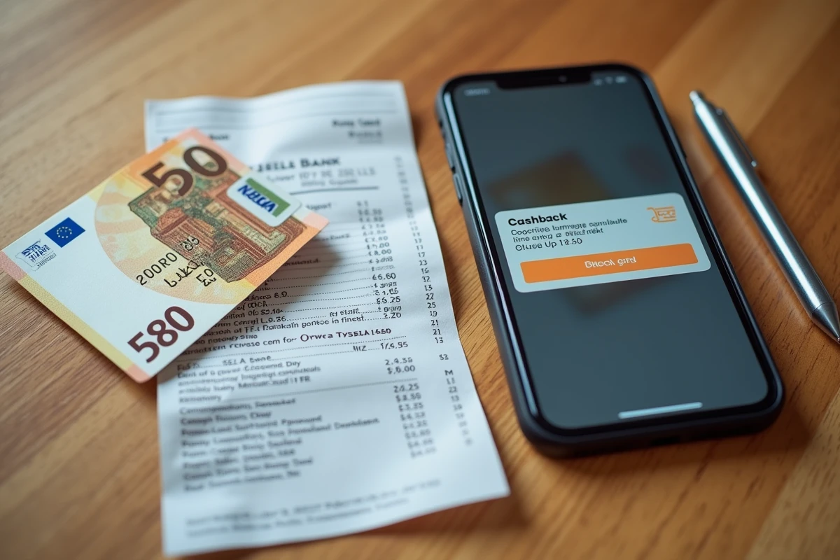 Vue de dessus d'un bureau avec carte bancaire, billets en euros, smartphone affichant une appli de cashback et reçu de caisse