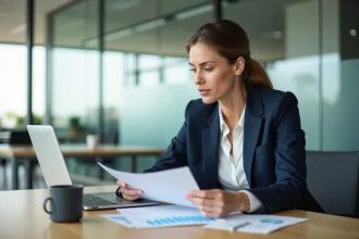 Femme professionnelle consultant un compte bancaire pro en ligne sur ordinateur portable dans un bureau moderne