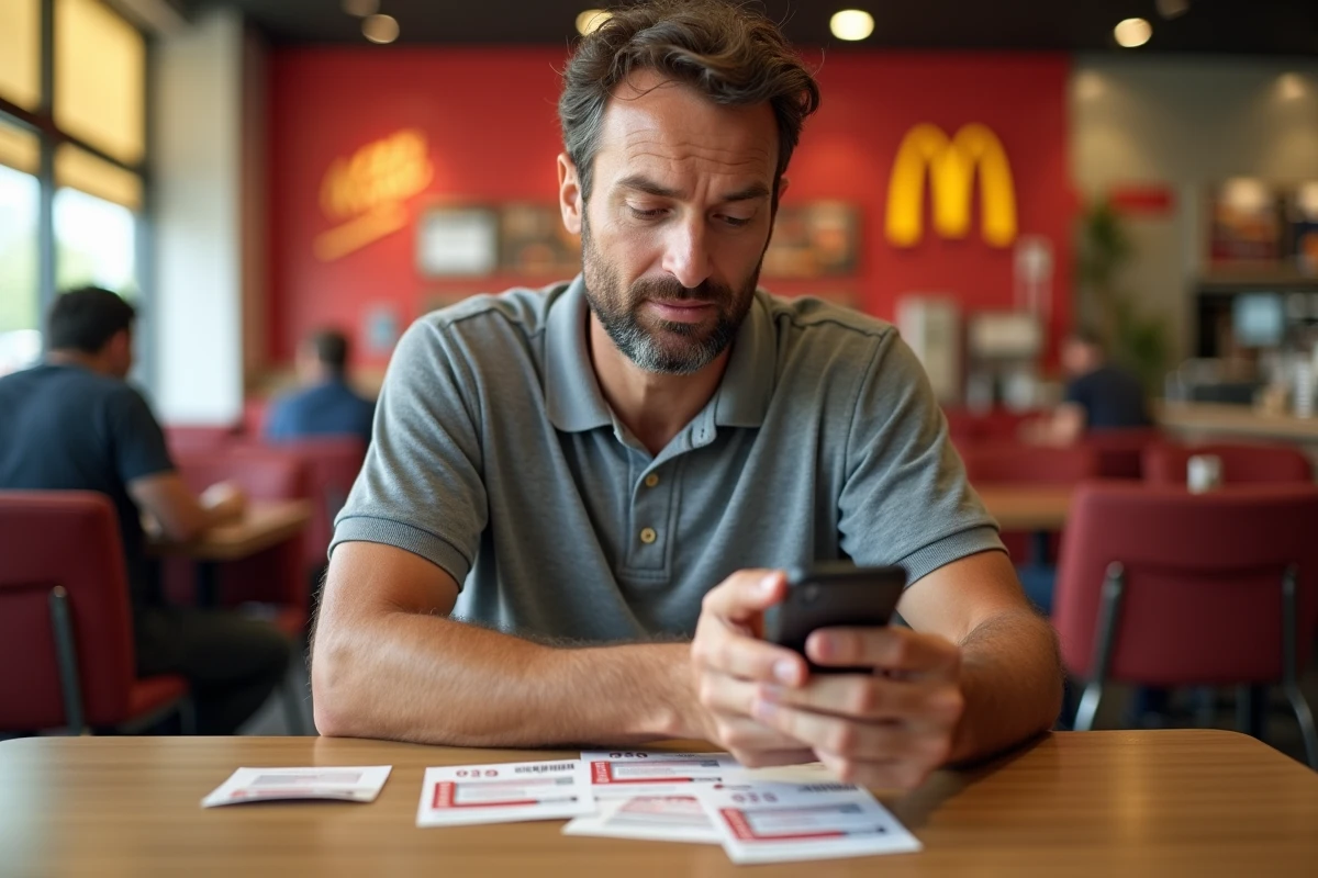 Homme comparant des Chèques Vacances et un paiement mobile dans un restaurant McDonald's