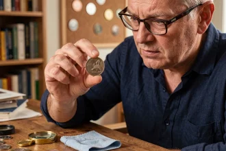 Collectionneur examinant une pièce 2 euros Jeux Olympiques 2026 à la loupe sur un bureau de numismate