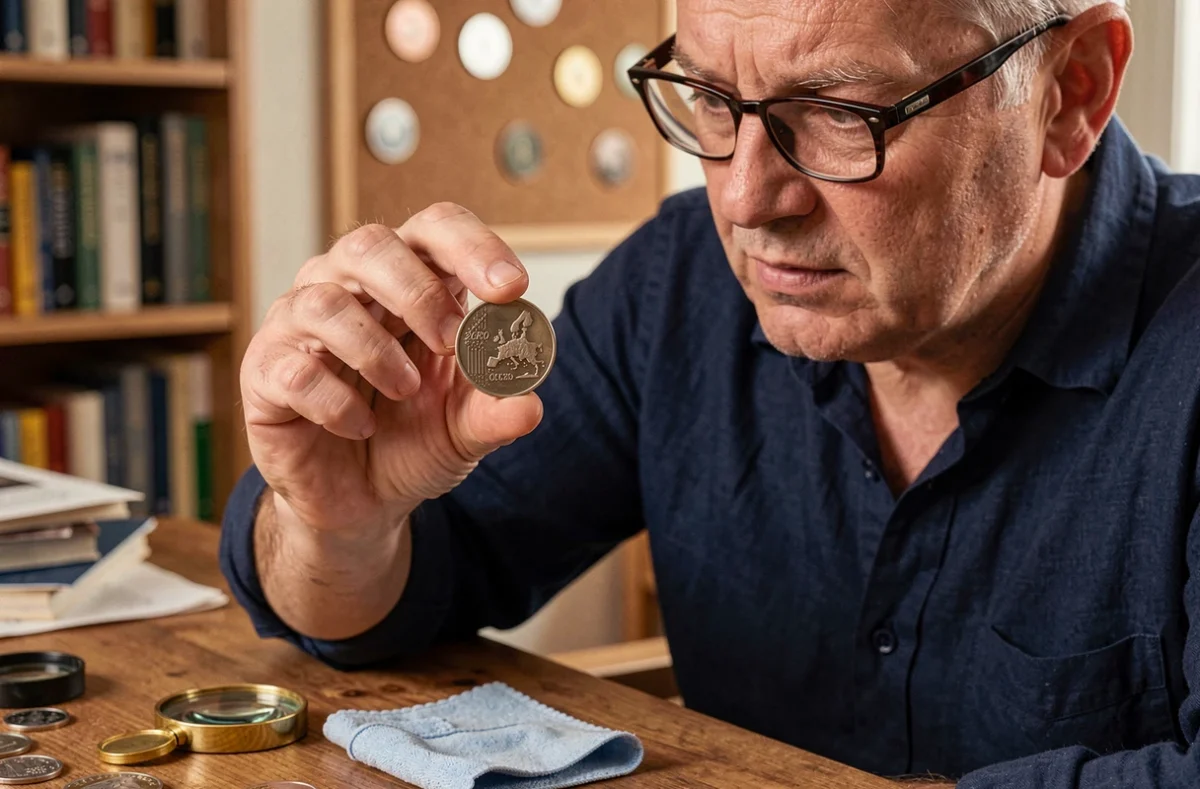 Collectionneur examinant une pièce 2 euros Jeux Olympiques 2026 à la loupe sur un bureau de numismate