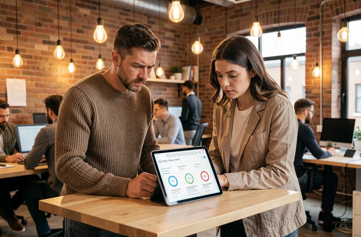 Deux collègues dans un espace de coworking discutant de la fiabilité d'une plateforme d'investissement en ligne comme Mygreenbucks Net Jones à partir d'avis numériques