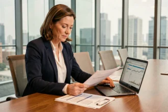 Professionnelle en réunion de comité bancaire analysant des budgets et commissions Société Générale dans une salle de conférence moderne