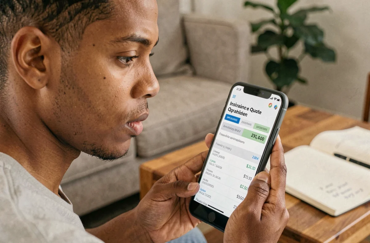 Personne comparant les prix d'une assurance responsabilité civile sur smartphone