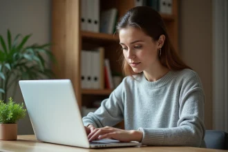 Femme connectée à son espace client LCL particuliers sur un ordinateur portable depuis son bureau à domicile