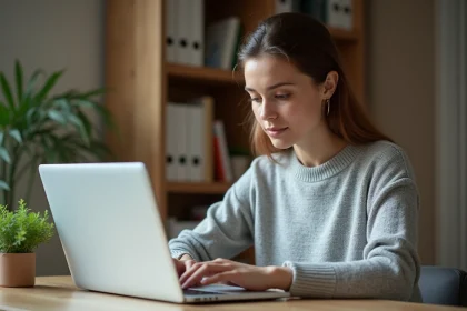 Femme connectée à son espace client LCL particuliers sur un ordinateur portable depuis son bureau à domicile