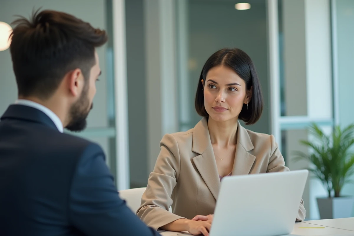 Cliente en rendez-vous avec un conseiller bancaire pour discuter d'un remboursement anticipé de crédit