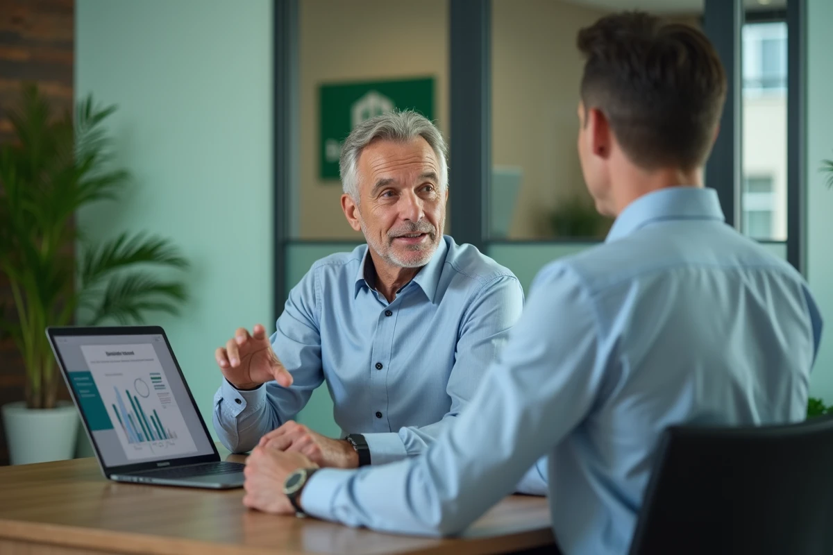 Conseiller financier Crédit Agricole présentant les taux et avantages d'un compte à terme à un client professionnel dans une agence bancaire moderne