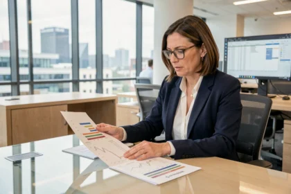Conseillère financière analysant des documents de classement SCPI dans un bureau moderne