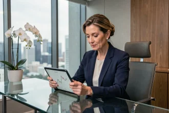 Conseillère en banque privée consultant l'application BNP Banque Privée sur tablette dans un bureau élégant
