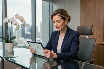 Conseillère en banque privée consultant l'application BNP Banque Privée sur tablette dans un bureau élégant