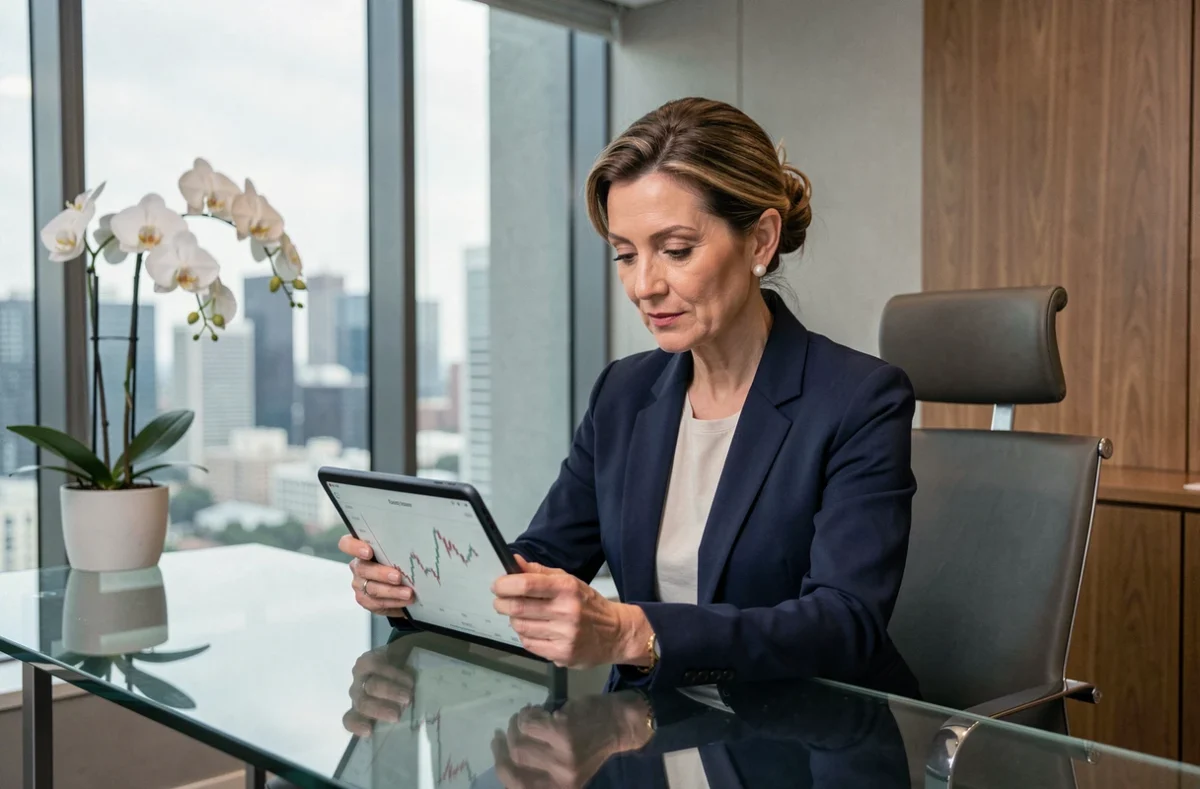 Conseillère en banque privée consultant l'application BNP Banque Privée sur tablette dans un bureau élégant