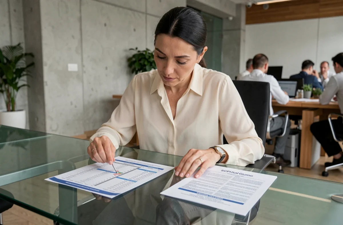 Conseillère financière comparant des rapports de valeur de réalisation SCPI en salle de réunion