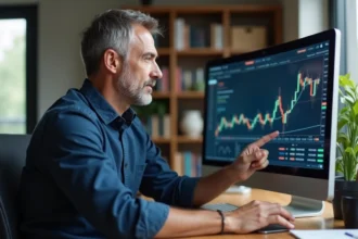 Homme consultant des graphiques boursiers sur un ordinateur dans un bureau à domicile pour éviter les erreurs en bourse