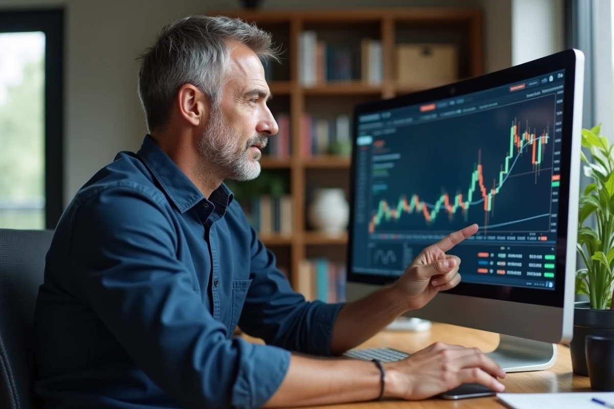 Homme consultant des graphiques boursiers sur un ordinateur dans un bureau à domicile pour éviter les erreurs en bourse