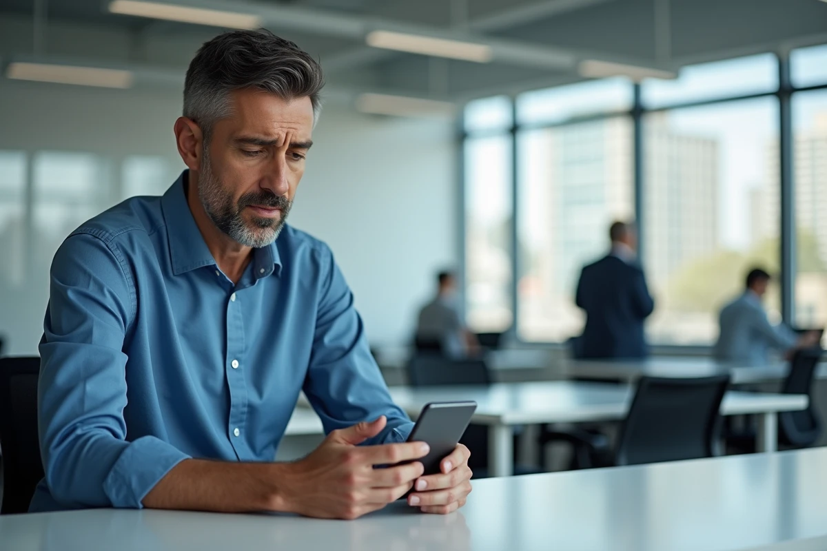Homme consultant un prélèvement suspect sur son application bancaire mobile au bureau pour identifier une transaction inconnue