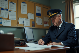 Contrôleur de train en uniforme lisant un document dans un bureau