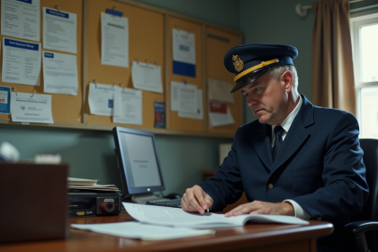 Contrôleur de train en uniforme lisant un document dans un bureau