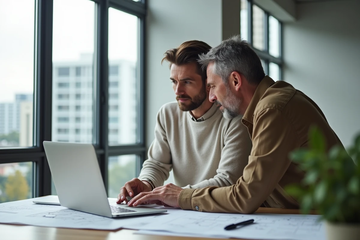 Couple vérifiant un virement bancaire important pour un achat immobilier dans une agence