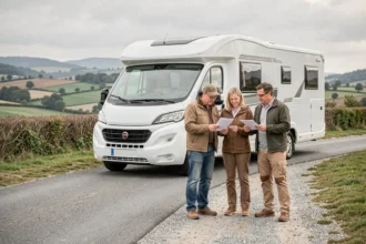 Couple de quinquagénaires consultant des documents d'assurance camping-car devant leur véhicule garé sur une route de campagne française