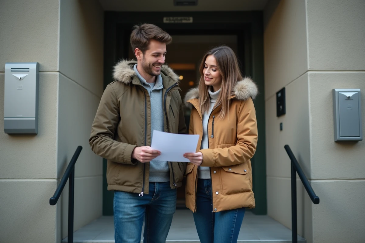 Couple consultant un bail devant leur immeuble d'habitation pour comprendre le calcul des APL