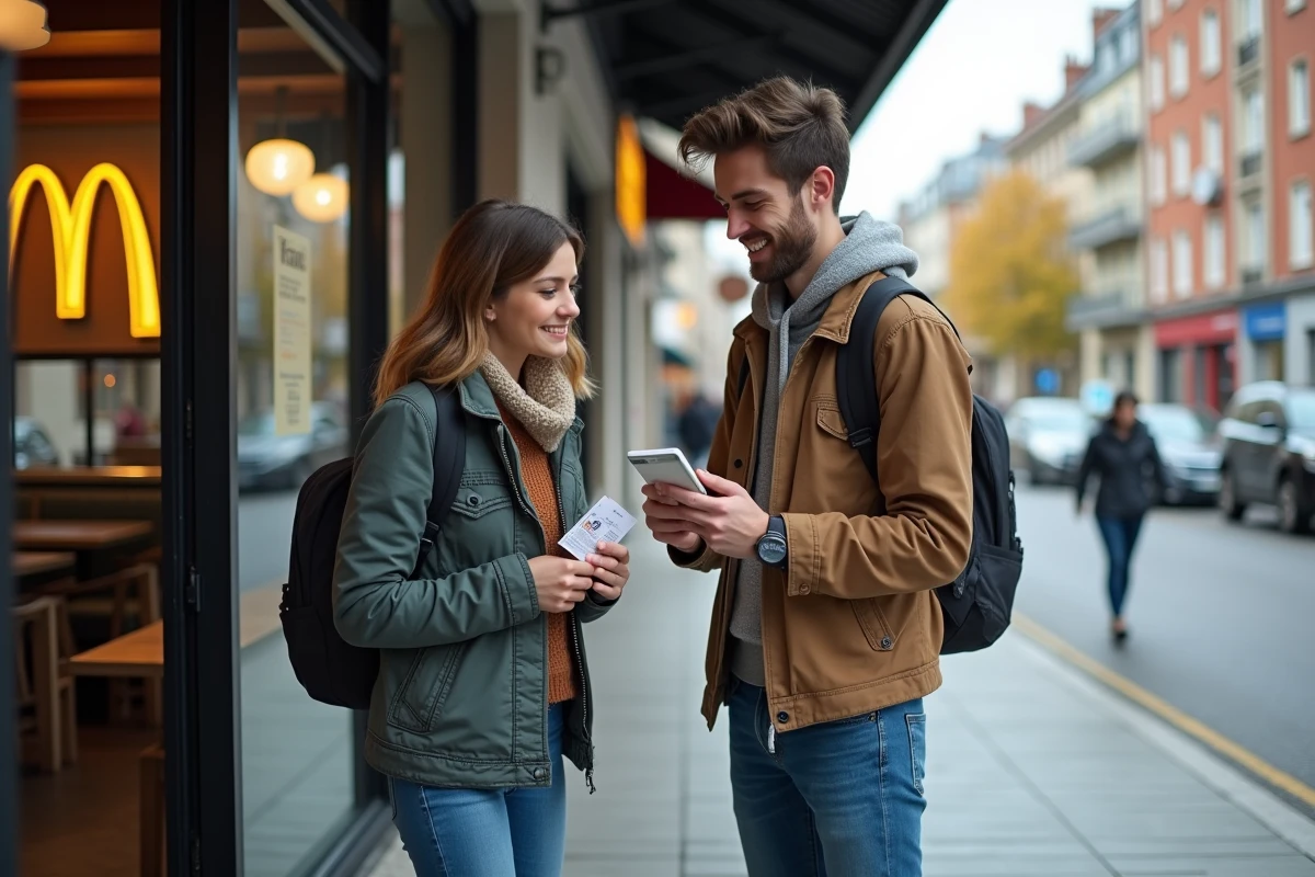 Couple utilisant des Chèques Vacances devant l'entrée d'un McDonald's en ville